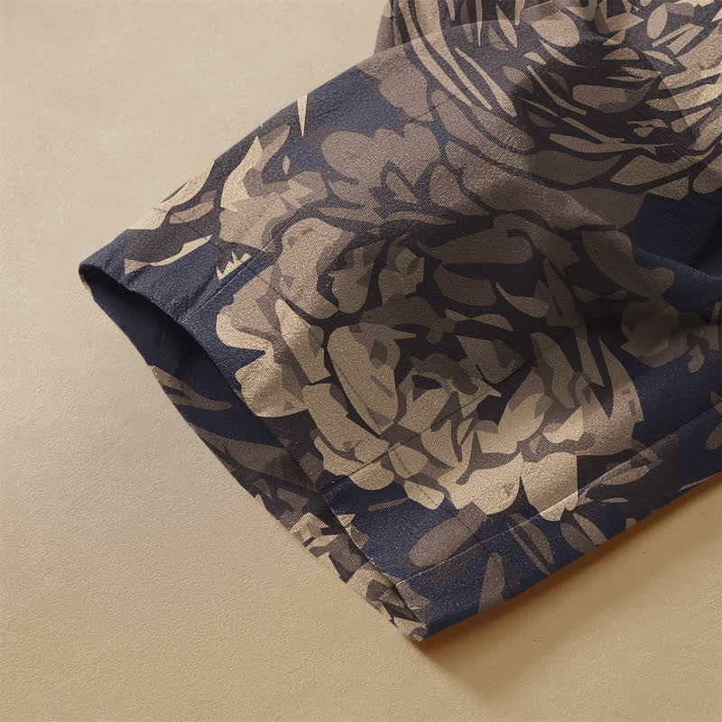 Buddha Stones Pure Cotton Peony Flowers Leaves Pattern Frog Button Women's Elastic Waist Harem Pants With Pockets - image 3