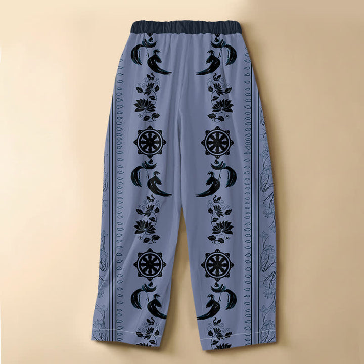 Buddha Stones Pure Cotton Ethnic Dharma Wheel Lotus OM Pattern Frog Button Women's Elastic Waist Harem Pants With Pockets - image 1