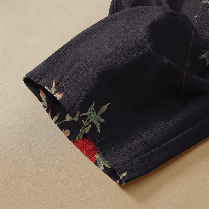Buddha Stones Pure Cotton Vintage Peony Floral Vine Pattern Frog Button Women's Elastic Waist Harem Pants With Pockets - image 3