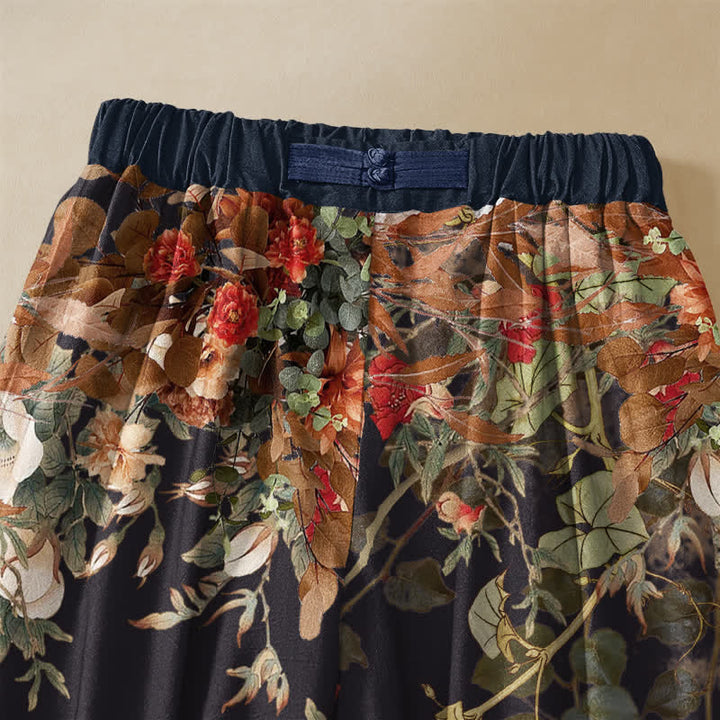 Buddha Stones Pure Cotton Vintage Peony Floral Vine Pattern Frog Button Women's Elastic Waist Harem Pants With Pockets - image 2