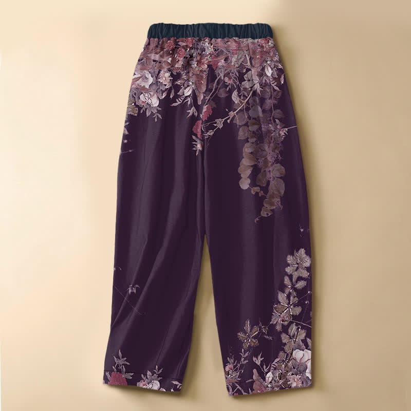 Buddha Stones Pure Cotton Vintage Peony Floral Vine Pattern Frog Button Women's Elastic Waist Harem Pants With Pockets - image 8