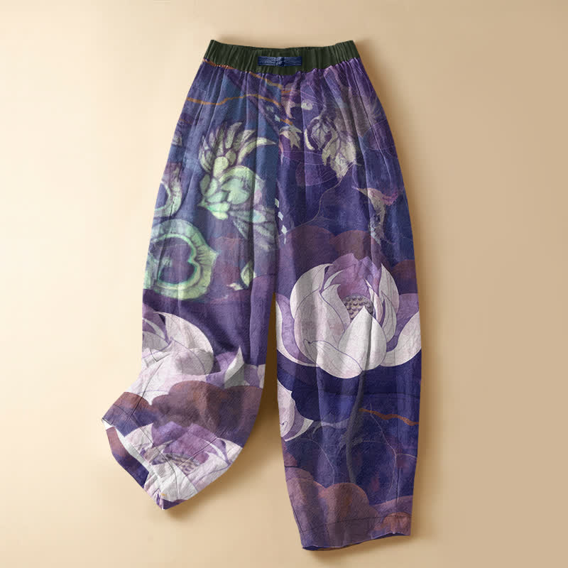 Buddha Stones Pure Cotton Watercolor White Lotus Leaf Pattern Frog Button Women's Elastic Waist Harem Pants With Pockets - Purple - US16，UK/AU20，EU48 (3XL) - image 5