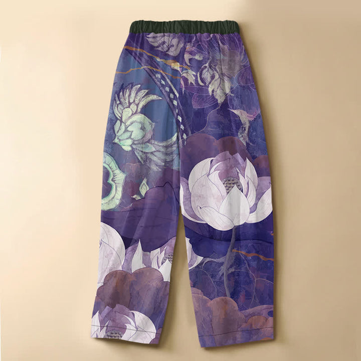 Buddha Stones Pure Cotton Watercolor White Lotus Leaf Pattern Frog Button Women's Elastic Waist Harem Pants With Pockets - image 6