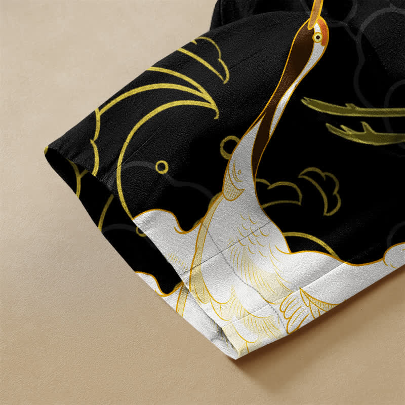 Buddha Stones Pure Cotton Oriental Crane Blossom Flowers Auspicious Clouds Pattern Frog Button Women's Elastic Waist Harem Pants With Pockets - image 3