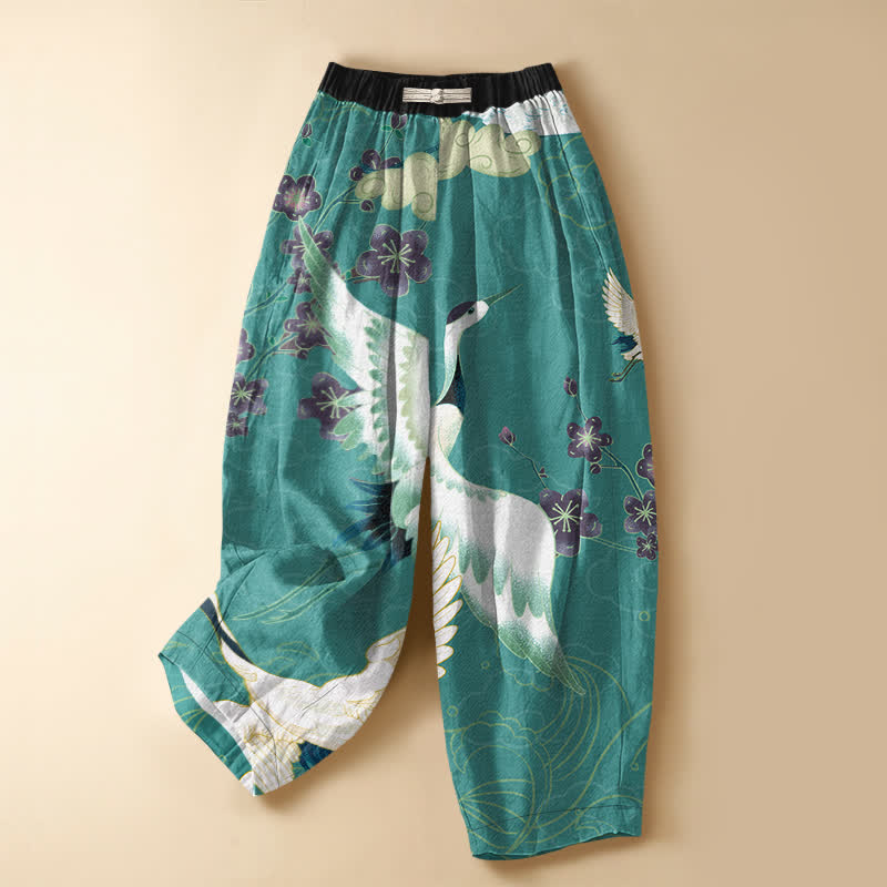 Buddha Stones Pure Cotton Oriental Crane Blossom Flowers Auspicious Clouds Pattern Frog Button Women's Elastic Waist Harem Pants With Pockets - Turquoise - US16，UK/AU20，EU48 (3XL) - image 5