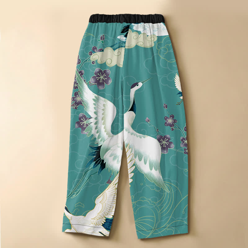 Buddha Stones Pure Cotton Oriental Crane Blossom Flowers Auspicious Clouds Pattern Frog Button Women's Elastic Waist Harem Pants With Pockets - image 6