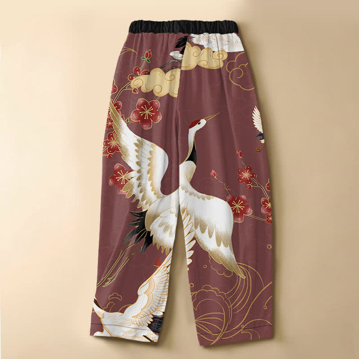 Buddha Stones Pure Cotton Oriental Crane Blossom Flowers Auspicious Clouds Pattern Frog Button Women's Elastic Waist Harem Pants With Pockets - image 8