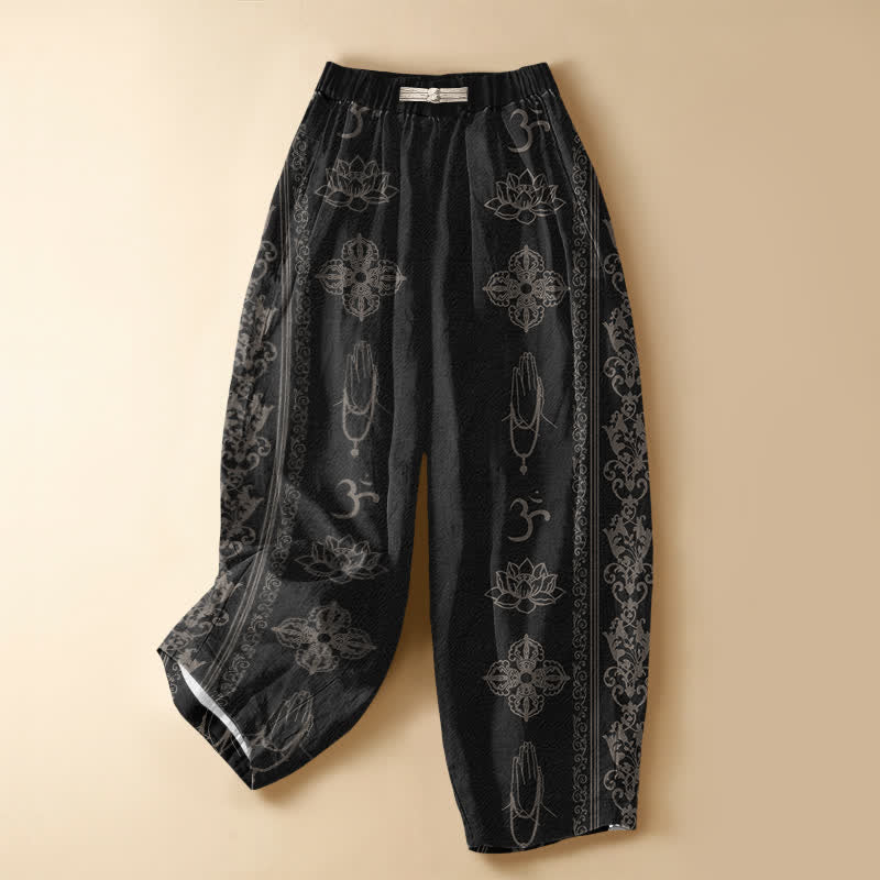 Buddha Stones Pure Cotton Lotus Flowers Double Dorje Vajra Namaste OM Pattern Frog Button Women's Elastic Waist Harem Pants With Pockets - Black - US16，UK/AU20，EU48 (3XL) - image 0