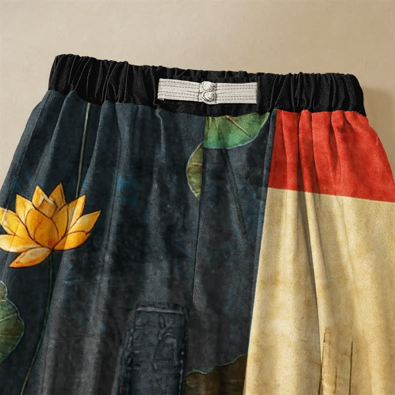 Buddha Stones Pure Cotton Vintage Lotus Patchwork Pattern Frog Button Women's Elastic Waist Harem Pants With Pockets - image 2