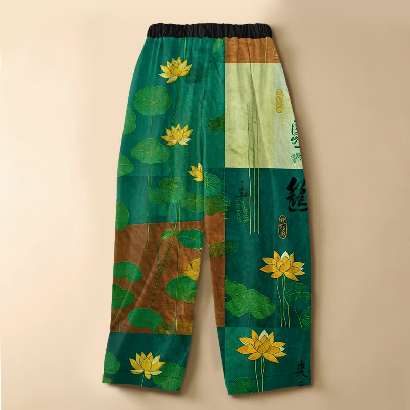 Buddha Stones Pure Cotton Vintage Lotus Patchwork Pattern Frog Button Women's Elastic Waist Harem Pants With Pockets - image 6
