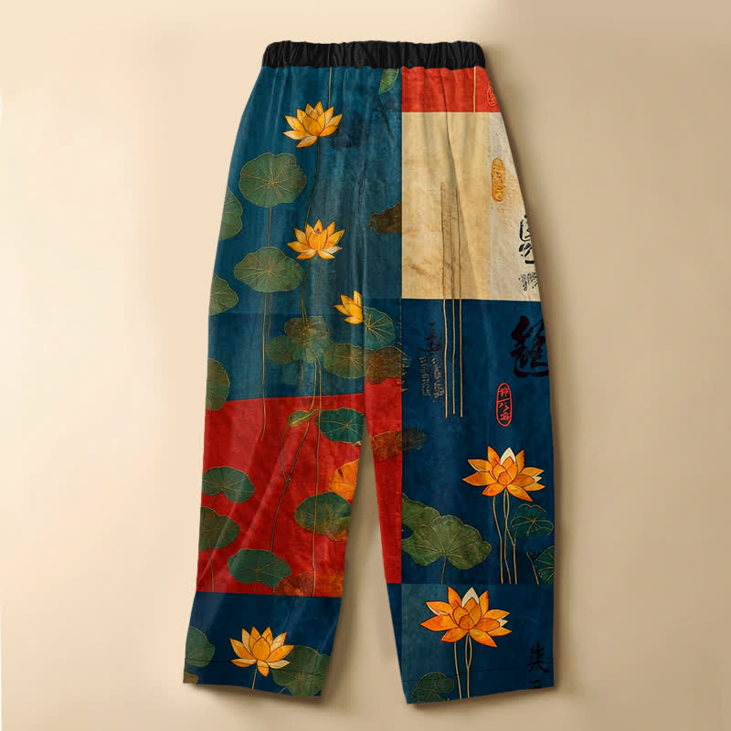 Buddha Stones Pure Cotton Vintage Lotus Patchwork Pattern Frog Button Women's Elastic Waist Harem Pants With Pockets - image 8