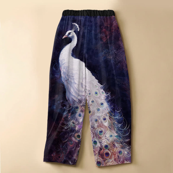 Buddha Stones Pure Cotton White Peacock Pattern Frog Button Women's Elastic Waist Harem Pants With Pockets - image 8