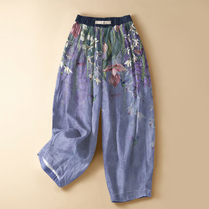 Buddha Stones Pure Cotton Watercolor Floral Hummingbird Pattern Frog Button Women's Elastic Waist Harem Pants With Pockets - MediumSlateBlue - US16，UK/AU20，EU48 (3XL) - image 0