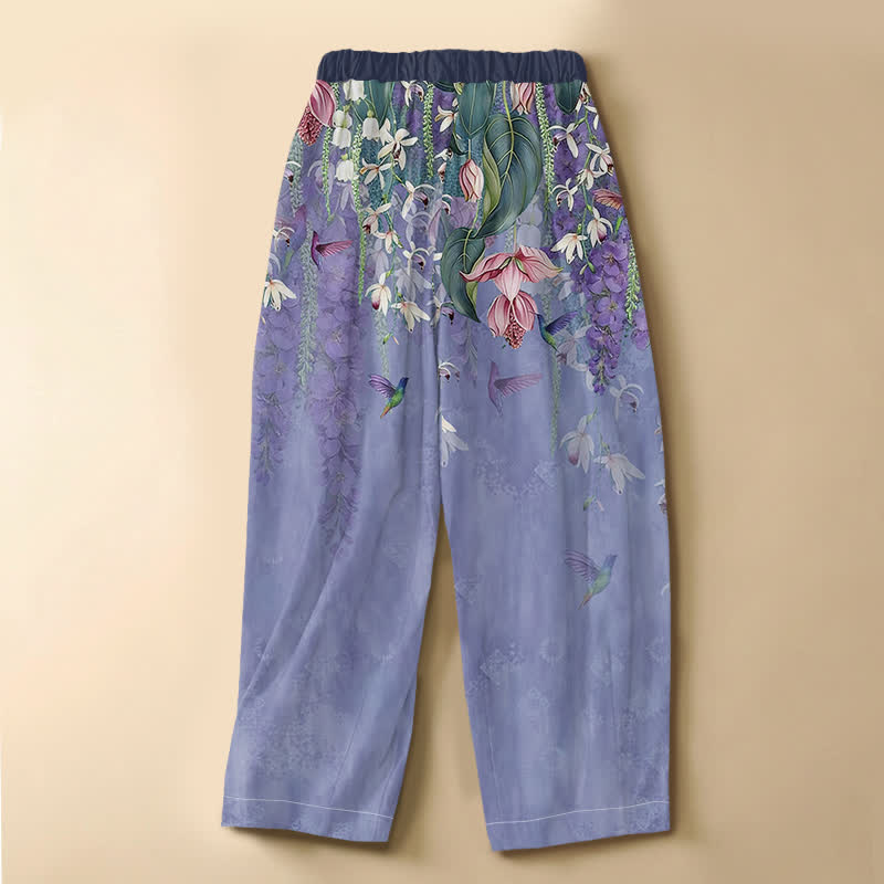 Buddha Stones Pure Cotton Watercolor Floral Hummingbird Pattern Frog Button Women's Elastic Waist Harem Pants With Pockets - image 1