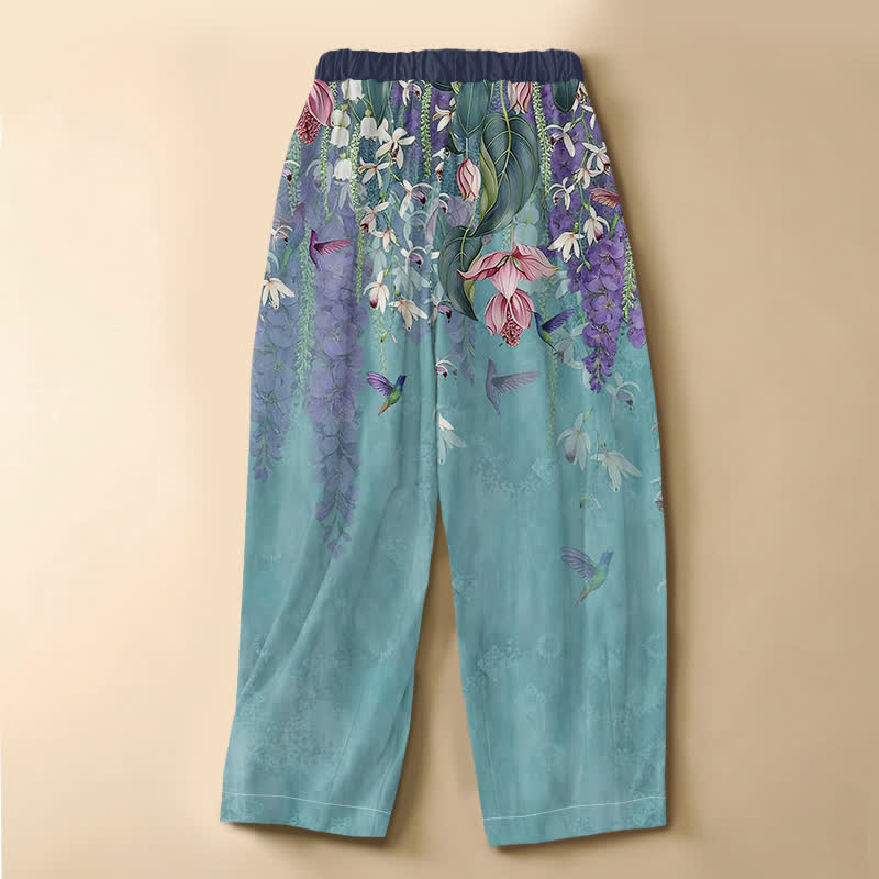 Buddha Stones Pure Cotton Watercolor Floral Hummingbird Pattern Frog Button Women's Elastic Waist Harem Pants With Pockets - image 8