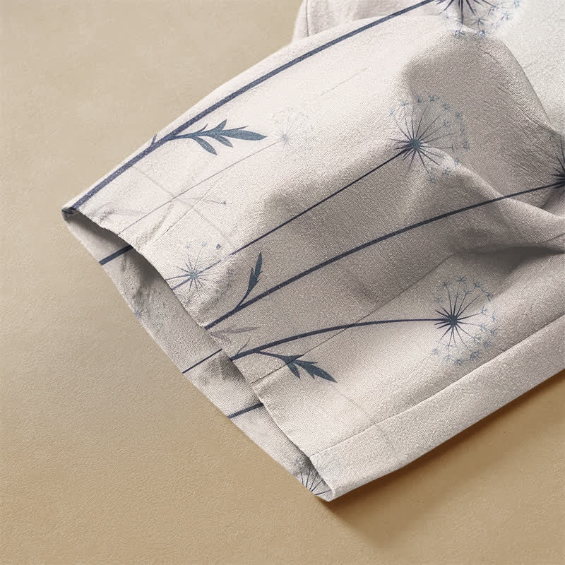 Buddha Stones Pure Cotton Playful Cat Dandelion Pattern Frog Button Women's Elastic Waist Harem Pants With Pockets - image 3