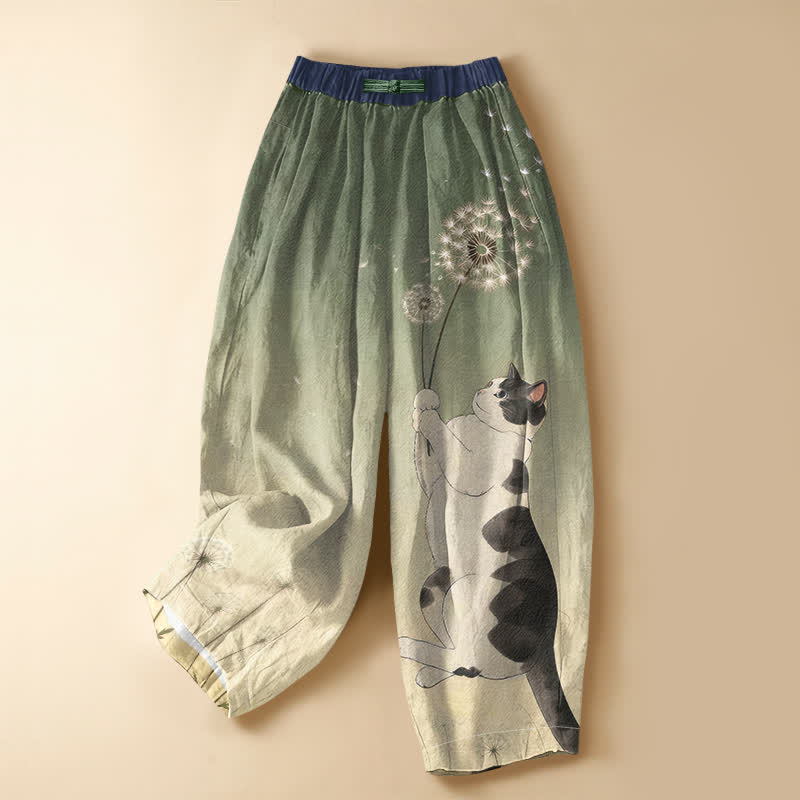Buddha Stones Pure Cotton Playful Cat Dandelion Pattern Frog Button Women's Elastic Waist Harem Pants With Pockets - OliveDrab - US16，UK/AU20，EU48 (3XL) - image 5