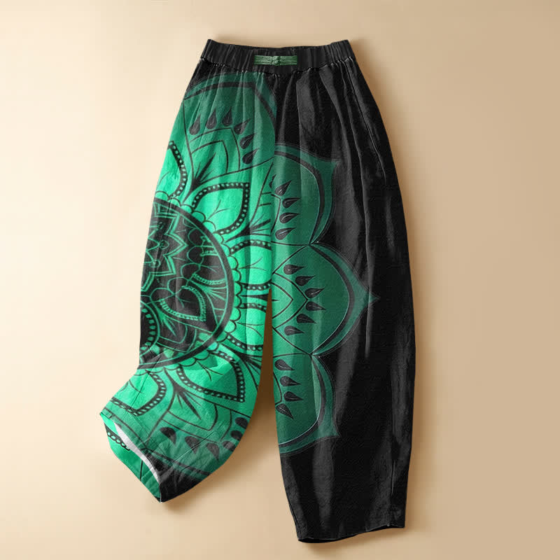 Buddha Stones Pure Cotton Bohemian Mandala Floral Pattern Frog Button Women's Elastic Waist Harem Pants With Pockets - Black - US16，UK/AU20，EU48 (3XL) - image 0