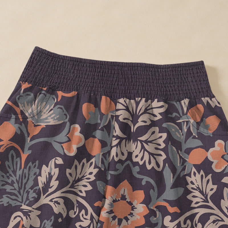 Buddha Stones Cotton Floral Vine Pattern Pleated Elastic Waist Women's Harem Pants With Pockets - image 4