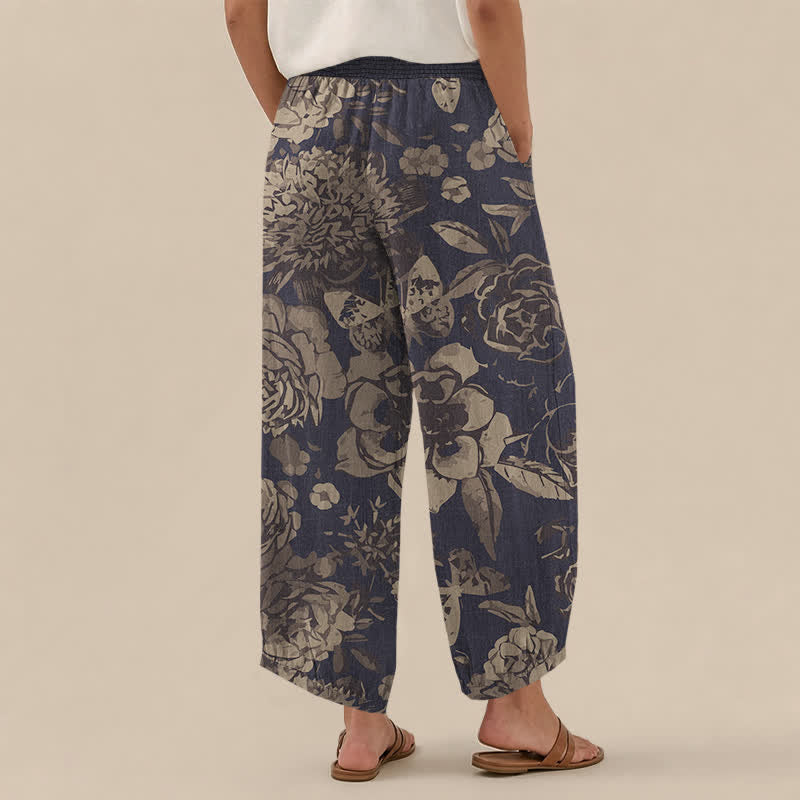 Buddha Stones Cotton Vintage Peony Flowers Leaves Pattern Pleated Elastic Waist Women's Harem Pants With Pockets - image 2