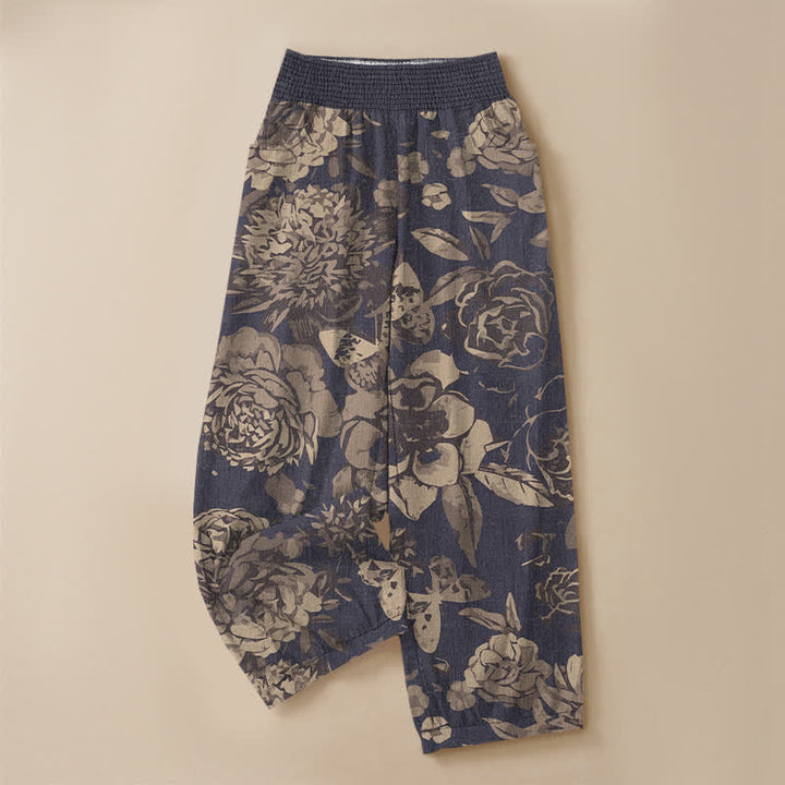 Buddha Stones Cotton Vintage Peony Flowers Leaves Pattern Pleated Elastic Waist Women's Harem Pants With Pockets - image 3