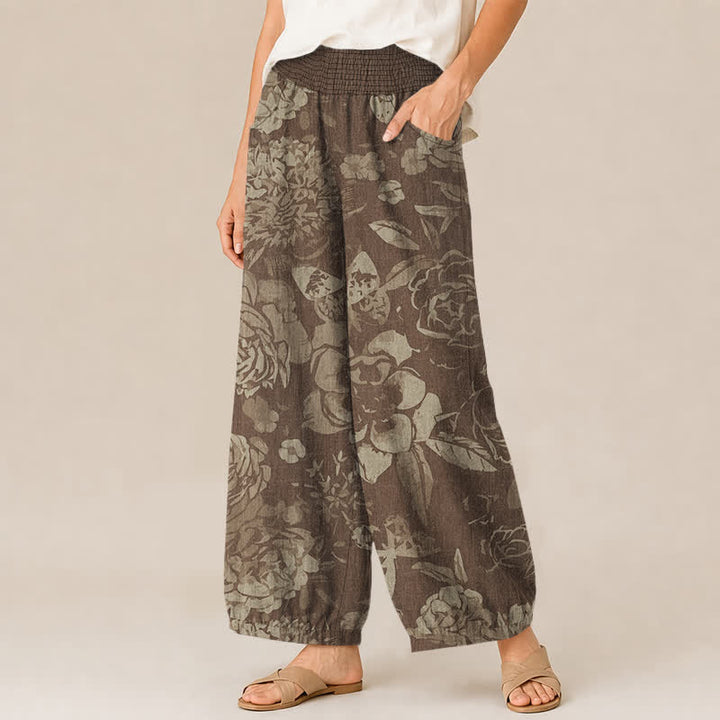 Buddha Stones Cotton Vintage Peony Flowers Leaves Pattern Pleated Elastic Waist Women's Harem Pants With Pockets - image 7