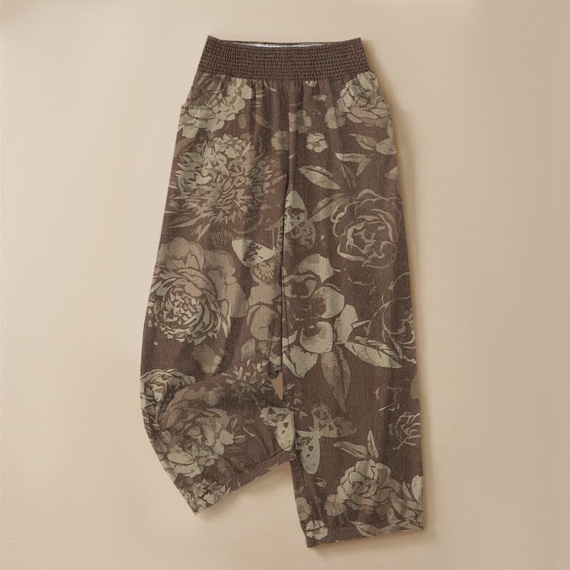 Buddha Stones Cotton Vintage Peony Flowers Leaves Pattern Pleated Elastic Waist Women's Harem Pants With Pockets - image 9