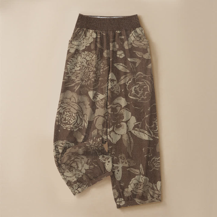Buddha Stones Cotton Vintage Peony Flowers Leaves Pattern Pleated Elastic Waist Women's Harem Pants With Pockets - image 9