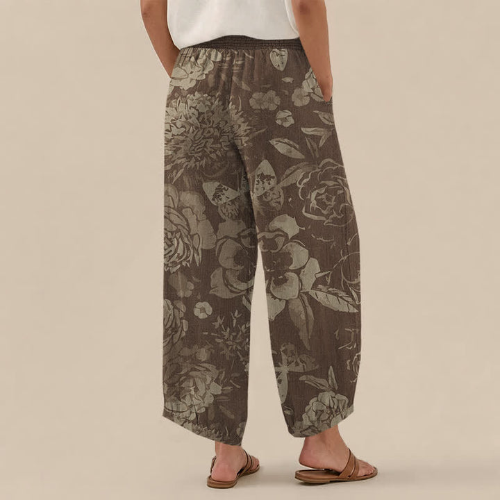 Buddha Stones Cotton Vintage Peony Flowers Leaves Pattern Pleated Elastic Waist Women's Harem Pants With Pockets - image 8