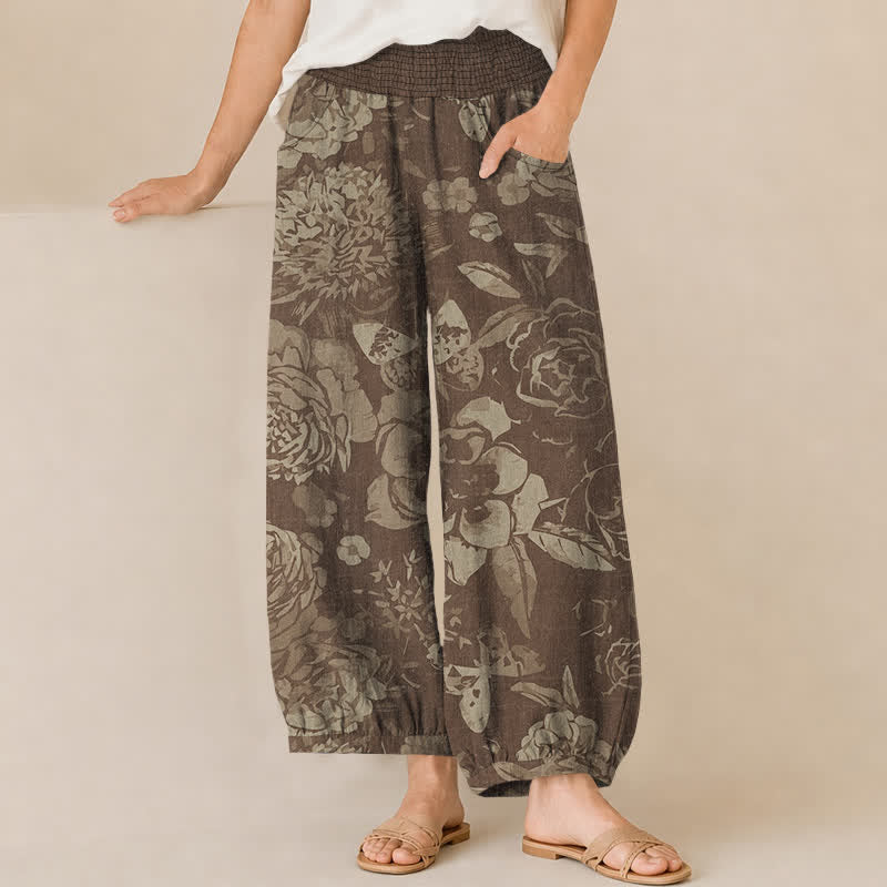 Buddha Stones Cotton Vintage Peony Flowers Leaves Pattern Pleated Elastic Waist Women's Harem Pants With Pockets - SaddleBrown - US16，UK/AU20，EU48 (3XL) - image 6