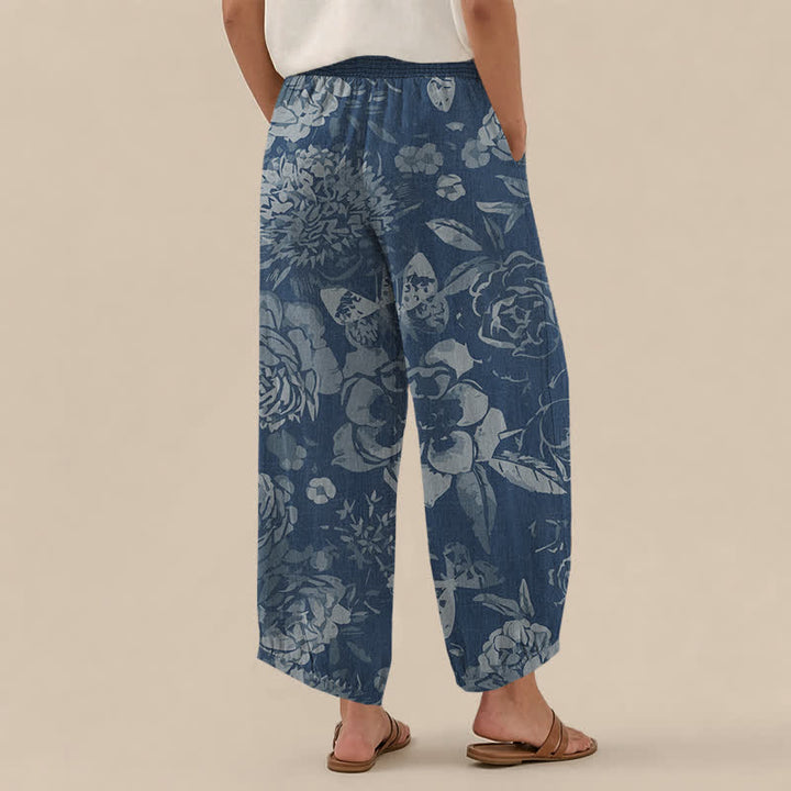 Buddha Stones Cotton Vintage Peony Flowers Leaves Pattern Pleated Elastic Waist Women's Harem Pants With Pockets - image 12