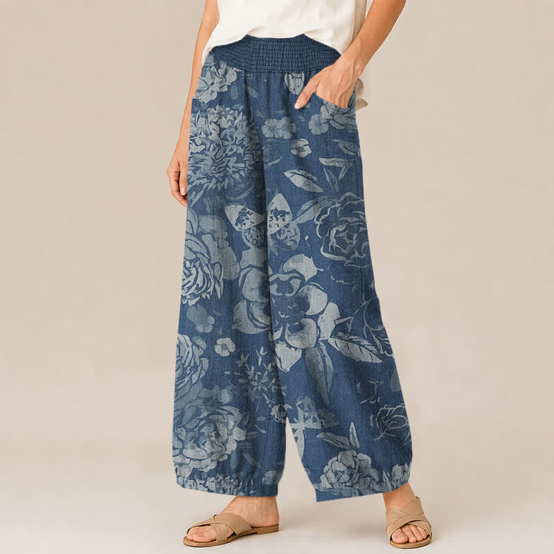 Buddha Stones Cotton Vintage Peony Flowers Leaves Pattern Pleated Elastic Waist Women's Harem Pants With Pockets - image 11