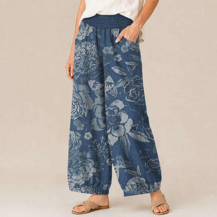 Buddha Stones Cotton Vintage Peony Flowers Leaves Pattern Pleated Elastic Waist Women's Harem Pants With Pockets - image 11