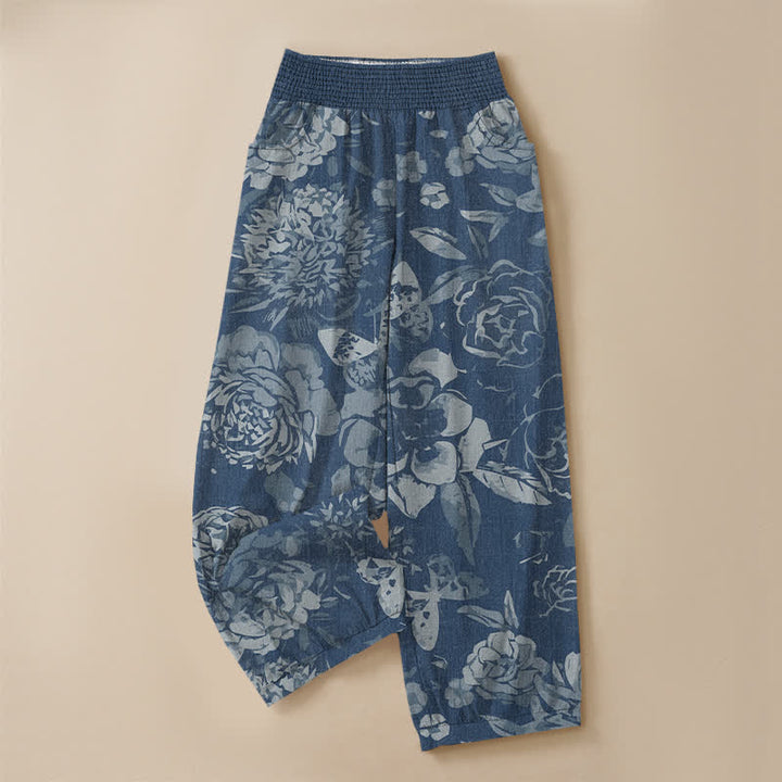 Buddha Stones Cotton Vintage Peony Flowers Leaves Pattern Pleated Elastic Waist Women's Harem Pants With Pockets - image 13