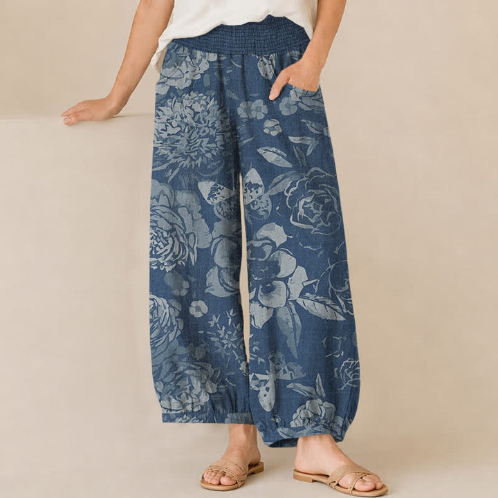 Buddha Stones Cotton Vintage Peony Flowers Leaves Pattern Pleated Elastic Waist Women's Harem Pants With Pockets - SteelBlue - US16，UK/AU20，EU48 (3XL) - image 10