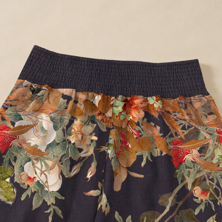 Buddha Stones Cotton Bohemian Red Floral Pattern Pleated Elastic Waist Women's Harem Pants With Pockets - image 4