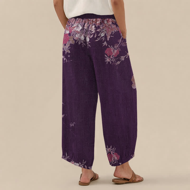 Buddha Stones Cotton Bohemian Red Floral Pattern Pleated Elastic Waist Women's Harem Pants With Pockets - image 8