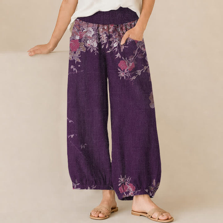 Buddha Stones Cotton Bohemian Red Floral Pattern Pleated Elastic Waist Women's Harem Pants With Pockets - Purple - US16，UK/AU20，EU48 (3XL) - image 6