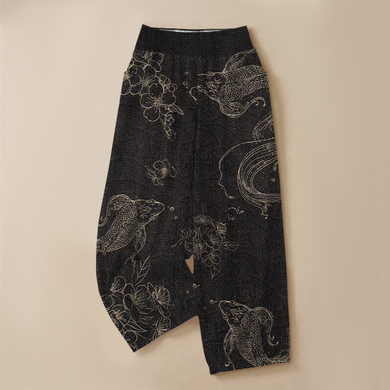 Buddha Stones Cotton Vintage Koi Fish Floral Pattern Pleated Elastic Waist Women's Harem Pants With Pockets - image 3