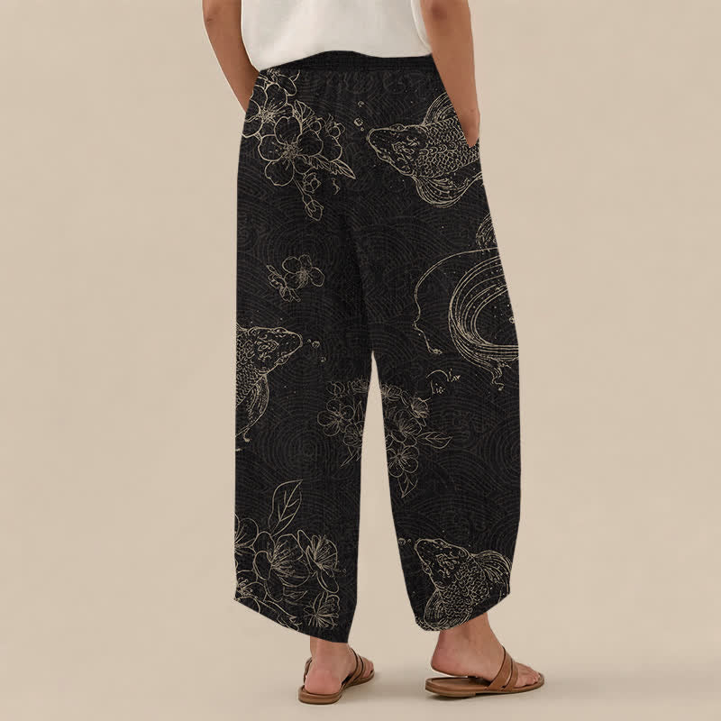 Buddha Stones Cotton Vintage Koi Fish Floral Pattern Pleated Elastic Waist Women's Harem Pants With Pockets - image 2