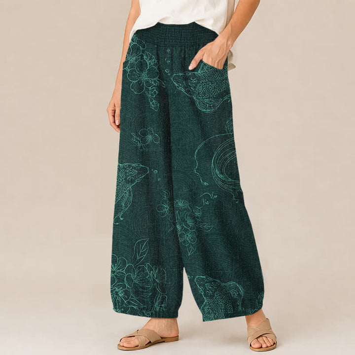 Buddha Stones Cotton Vintage Koi Fish Floral Pattern Pleated Elastic Waist Women's Harem Pants With Pockets - image 7