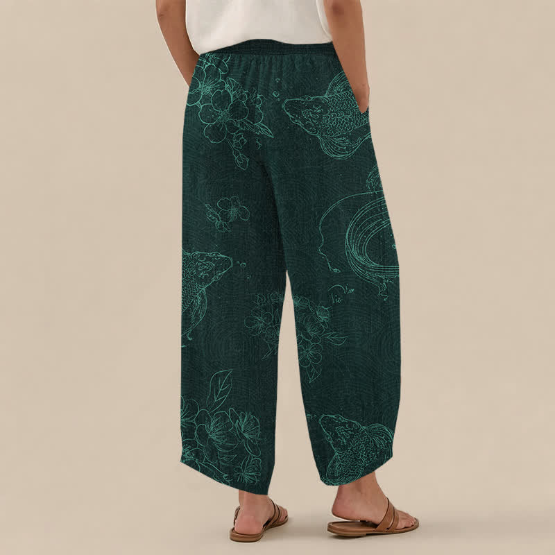 Buddha Stones Cotton Vintage Koi Fish Floral Pattern Pleated Elastic Waist Women's Harem Pants With Pockets - image 8