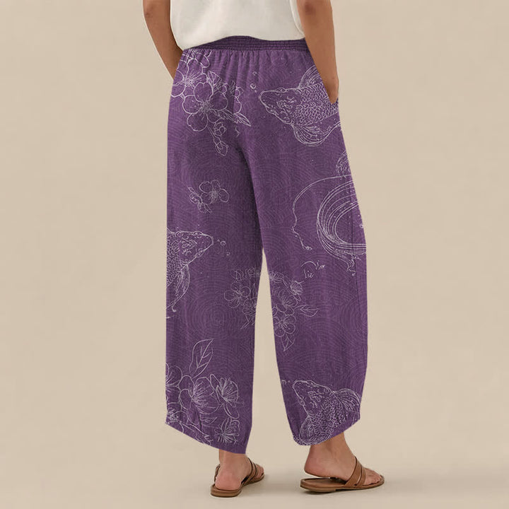 Buddha Stones Cotton Vintage Koi Fish Floral Pattern Pleated Elastic Waist Women's Harem Pants With Pockets - image 12
