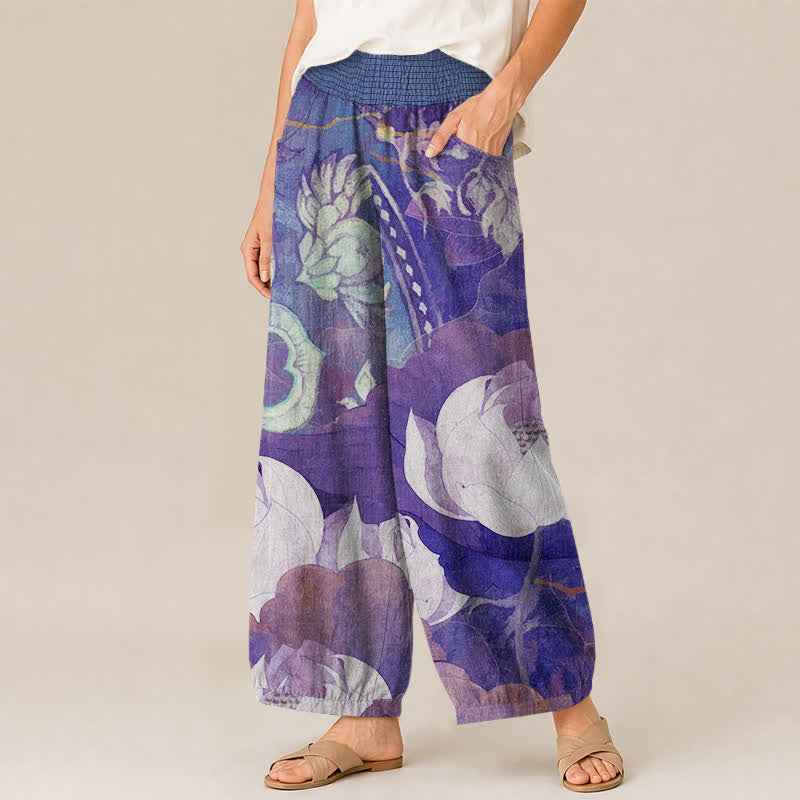 Buddha Stones Cotton White Lotus Bloom Pattern Pleated Elastic Waist Women's Harem Pants With Pockets - image 11