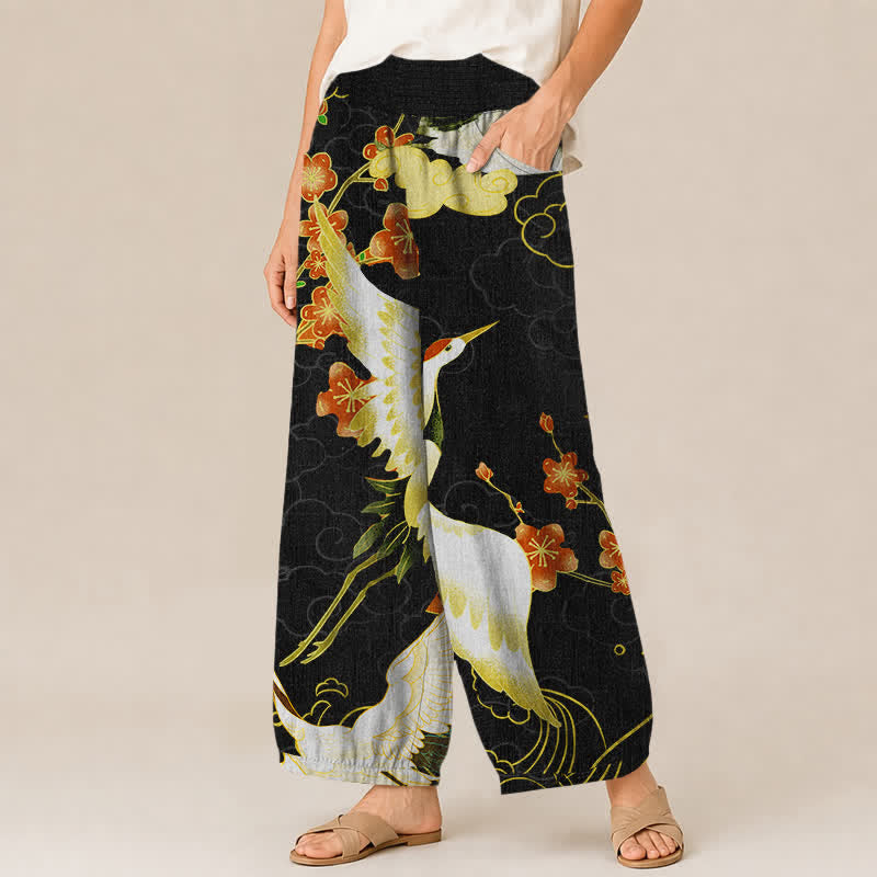 Buddha Stones Cotton Oriental Crane Blossom Pattern Pleated Elastic Waist Women's Harem Pants With Pockets - image 1