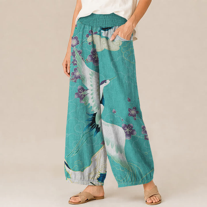 Buddha Stones Cotton Oriental Crane Blossom Pattern Pleated Elastic Waist Women's Harem Pants With Pockets - image 11