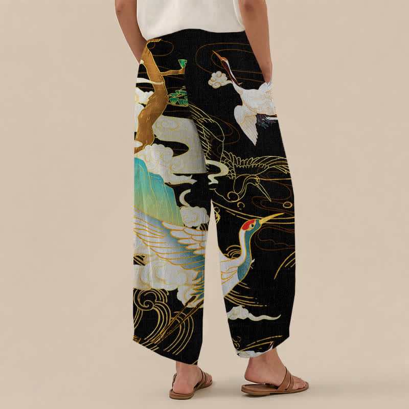 Buddha Stones Cotton Oriental Flying Crane Clouds Pattern Pleated Elastic Waist Women's Harem Pants With Pockets - image 2