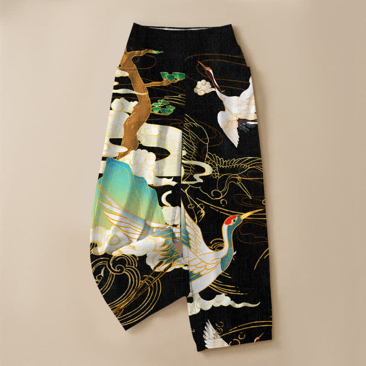Buddha Stones Cotton Oriental Flying Crane Clouds Pattern Pleated Elastic Waist Women's Harem Pants With Pockets - image 3