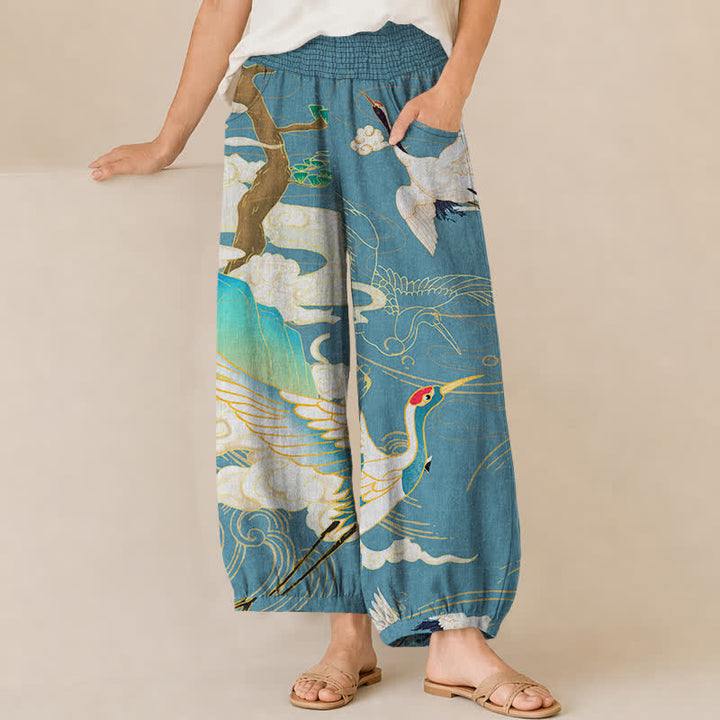 Buddha Stones Cotton Oriental Flying Crane Clouds Pattern Pleated Elastic Waist Women's Harem Pants With Pockets - MediumTurquoise - US16，UK/AU20，EU48 (3XL) - image 6