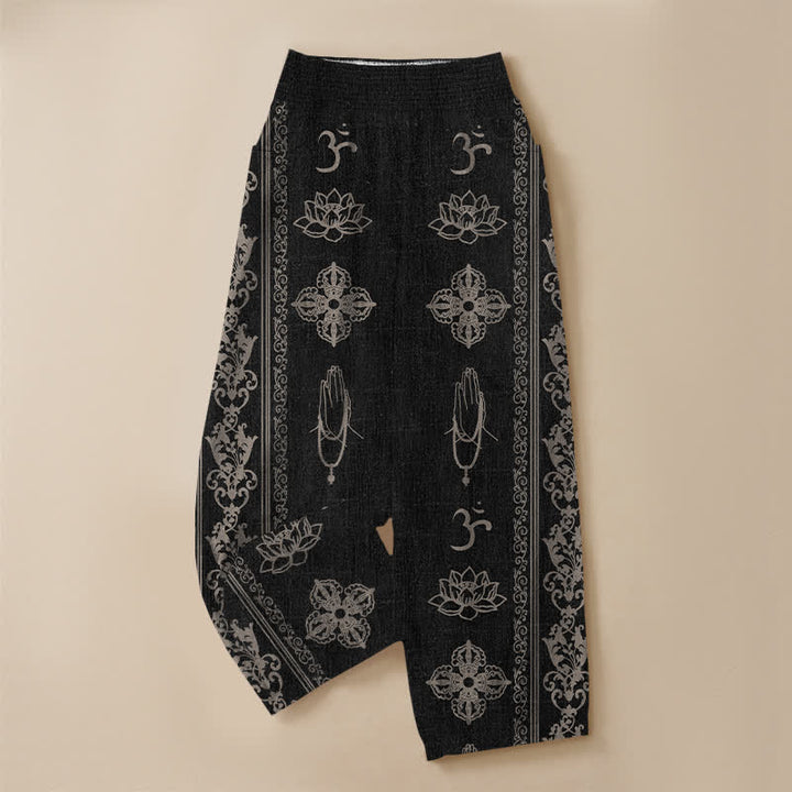 Buddha Stones Cotton Lotus Double Dorje Vajra Namaste Om Pattern Pleated Elastic Waist Women's Harem Pants With Pockets - image 3